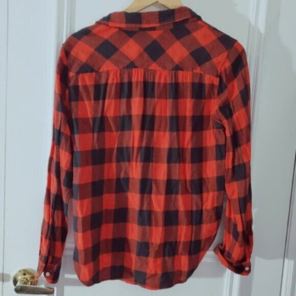 Aerie Soft Red + Black Plaid Cotton Shirt- S - Picture 6 of 16